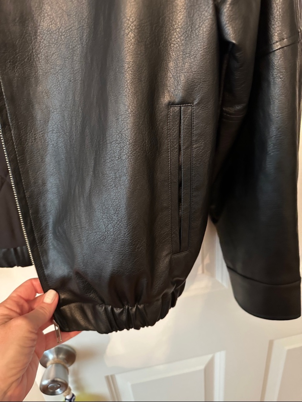 Oak + Fort Classic Black Leather Bomber Jacket - Picture 3 of 10